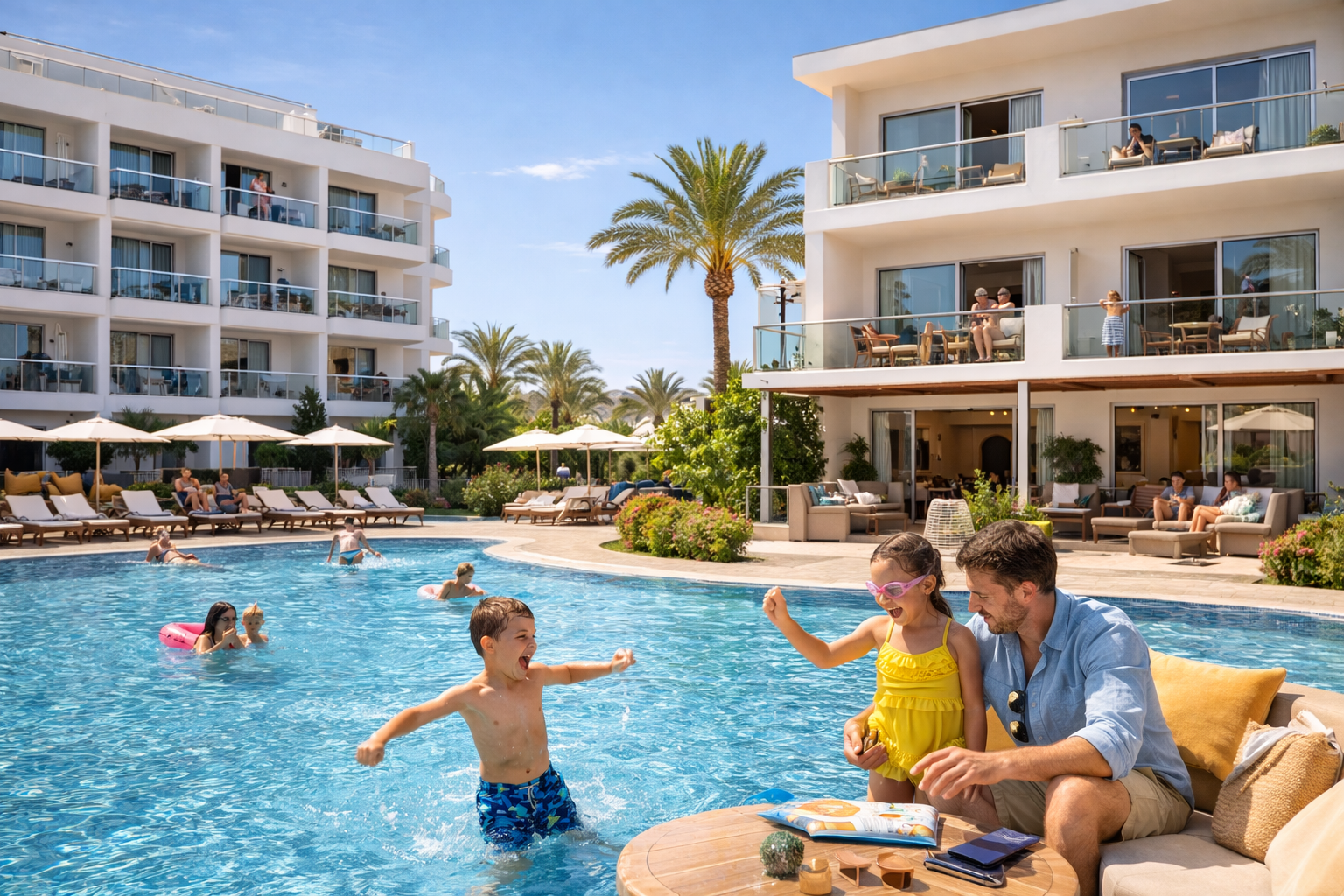 Aile otelinde farklı oda tipleri ve havuz alanı görüntüsü