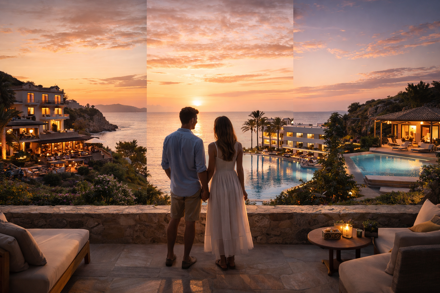 Balayı için butik otel, lüks resort ve özel villa seçeneklerini temsil eden romantik çift manzarası