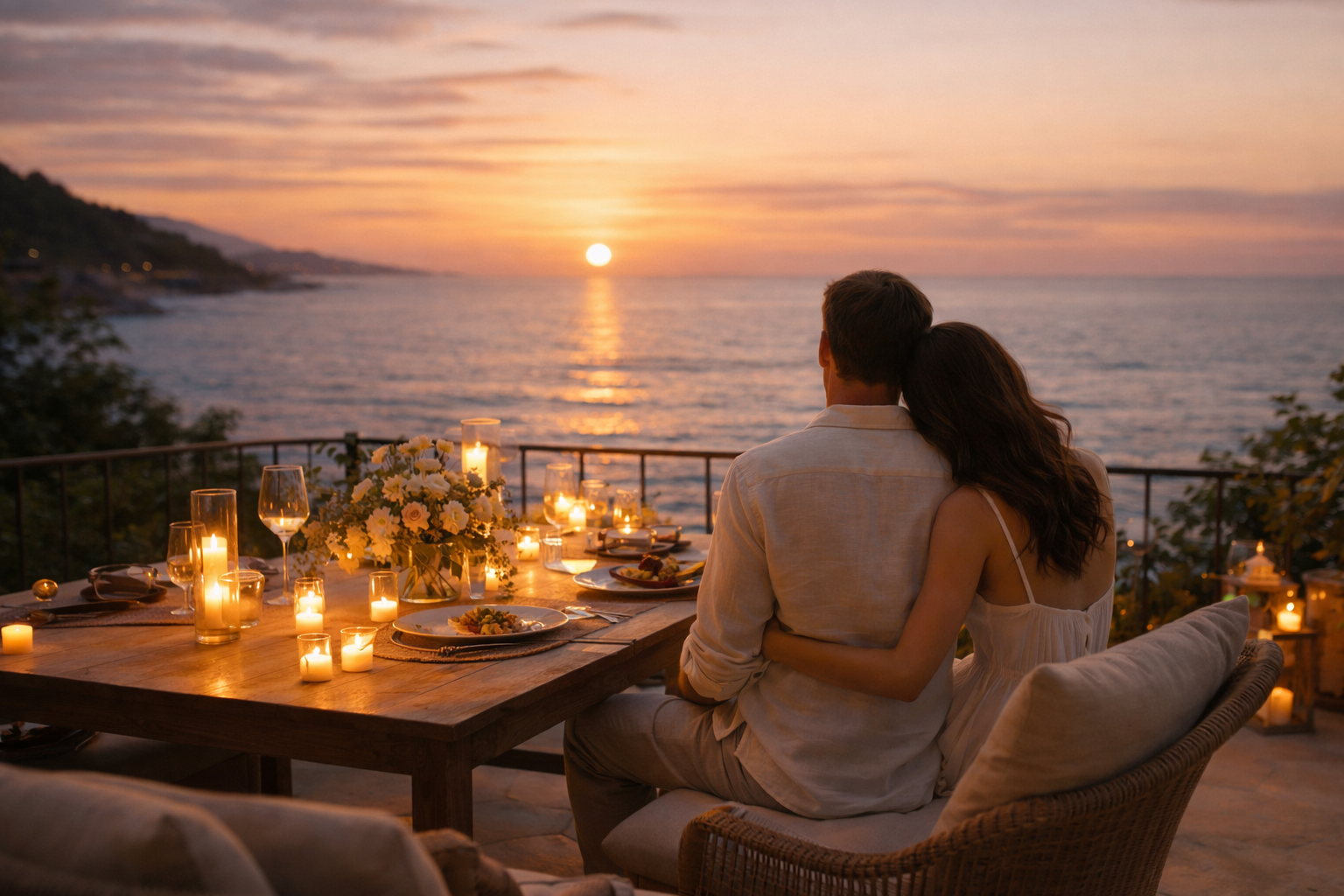 Balayı tatilinde romantik bir akşam için deniz manzaralı terasta çift
