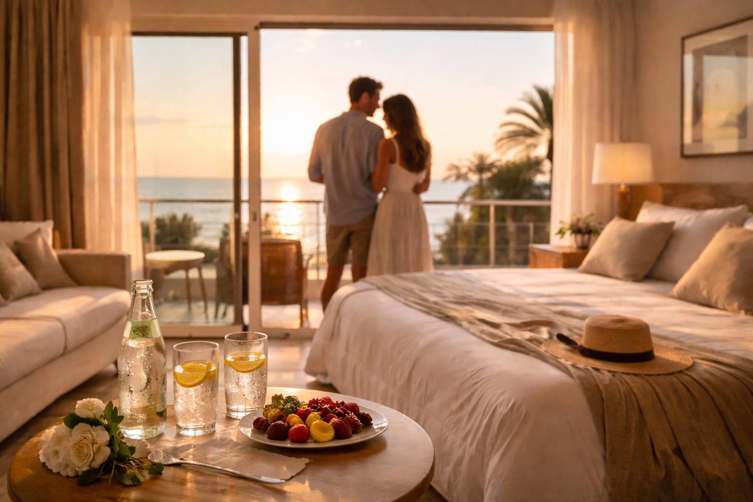 Romantik konseptli otelde çift ve deniz manzaralı oda