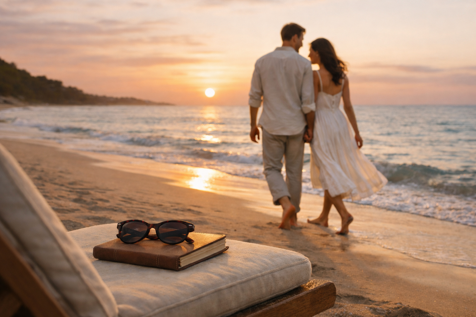 Balayı çiftinin gün batımında sahilde yürüyüşü ve planlama defteri detayı