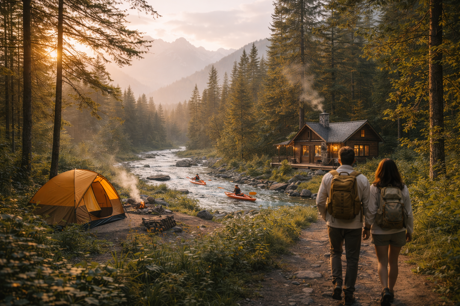Ormanda yürüyüş, nehirde kano ve kamp yapan kişiler, doğa tatili aktivitelerini gösteriyor