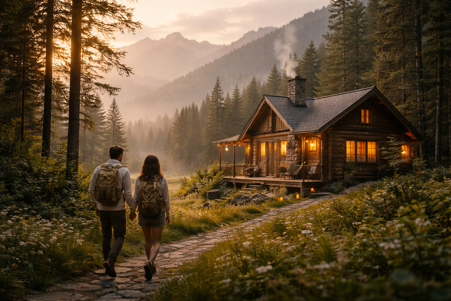 Ormanda küçük bir kabin ve doğa yürüyüşü yapan çift, doğa tatilini simgeliyor