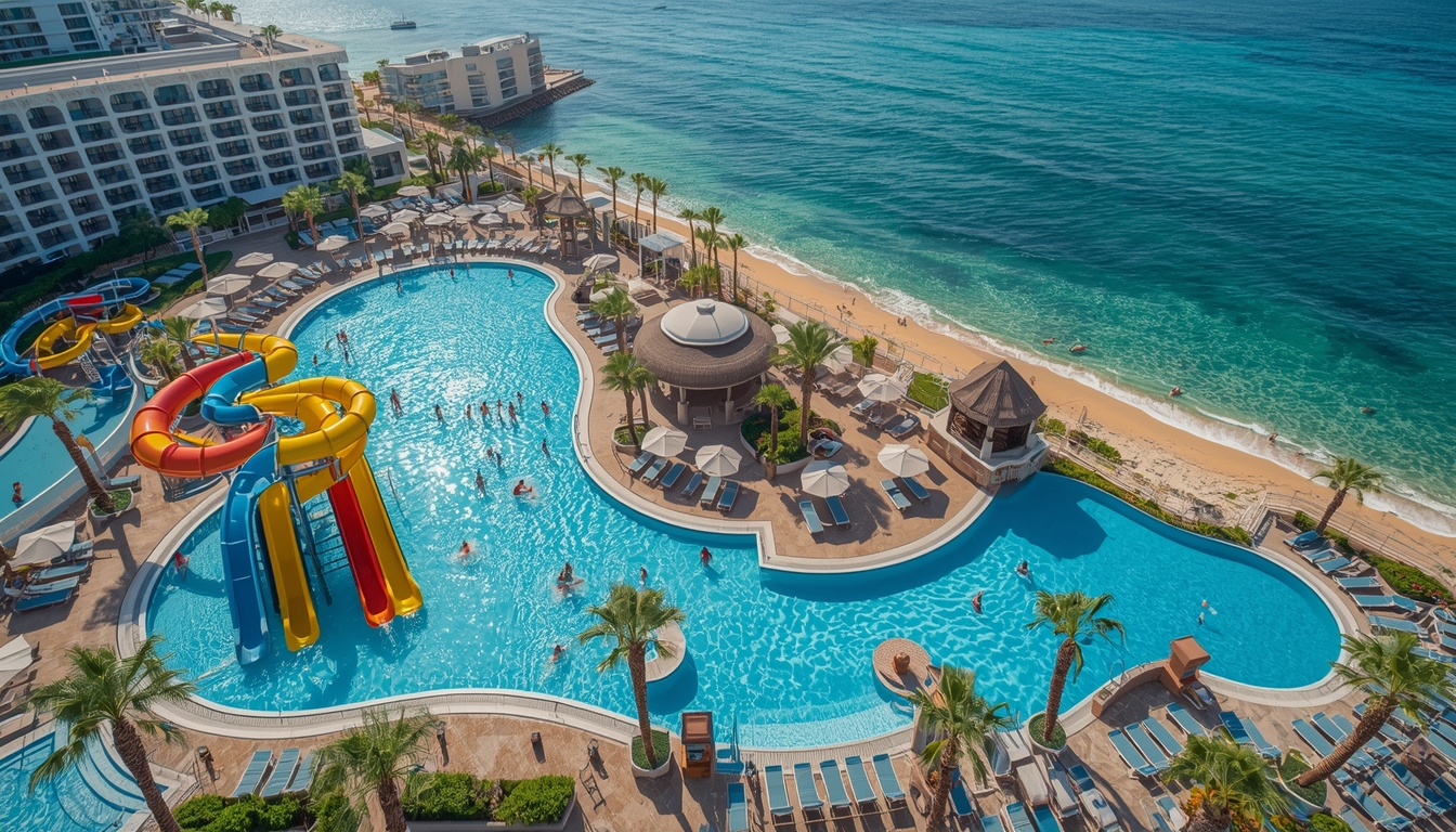 Her şey dahil tatil fiyat farklarını gösteren havuz ve plaj konseptli otel görüntüsü