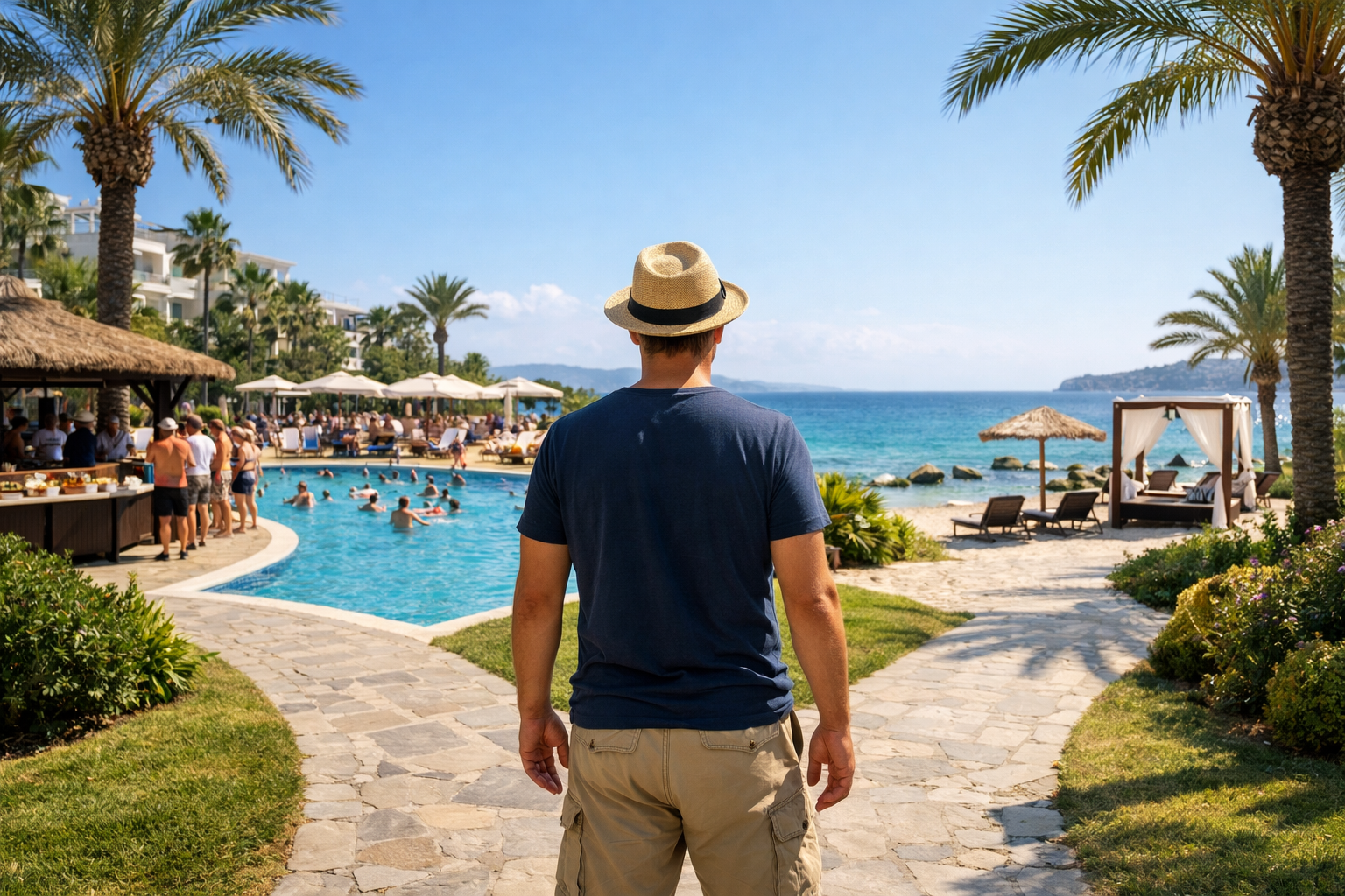 Her şey dahil tatil için karar verme sürecini temsil eden tatilci silüeti ve resort manzarası