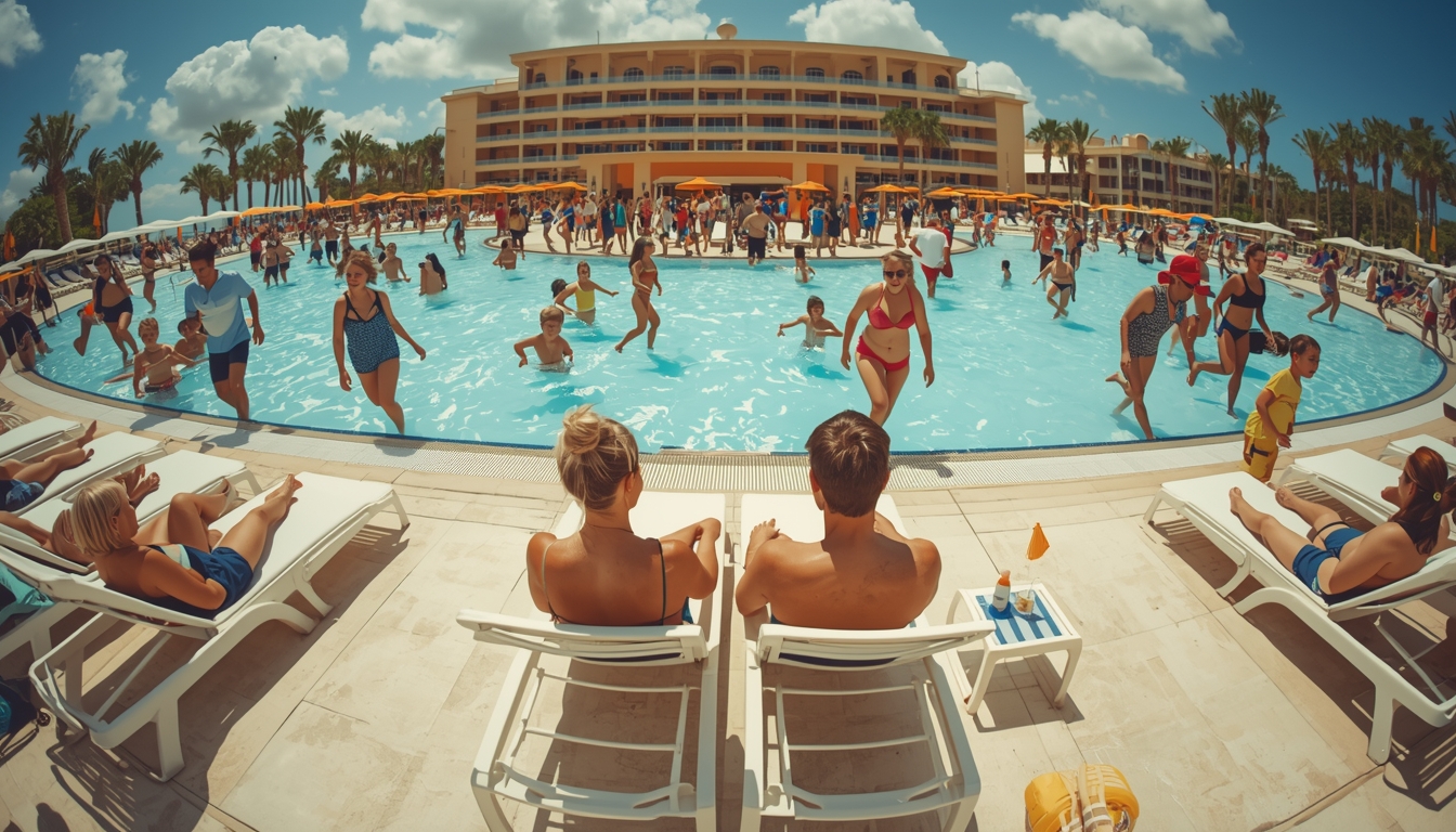Her şey dahil tatilde kalabalık havuz ve memnuniyetsiz çift görüntüsü