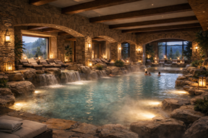 Kapalı termal havuza sahip lüks spa oteli iç mekan görüntüsü