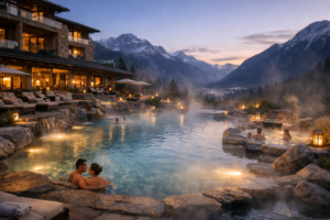 Doğal sıcak su havuzu ve termal spa oteli manzarası