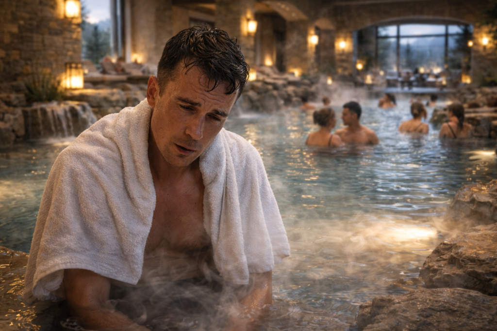Termal havuzda uzun süre kaldığı için yorulmuş görünen kişi